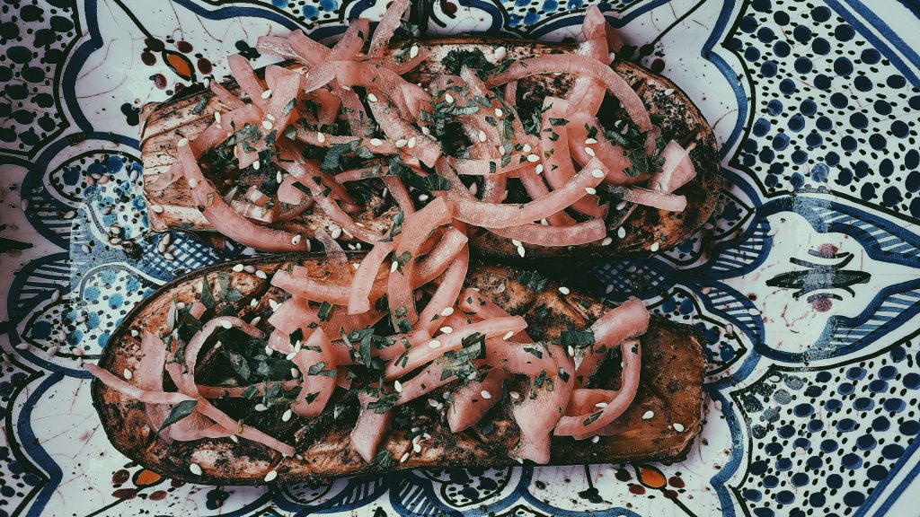 Roast Eggplant with Sumac and Pickled Onions
