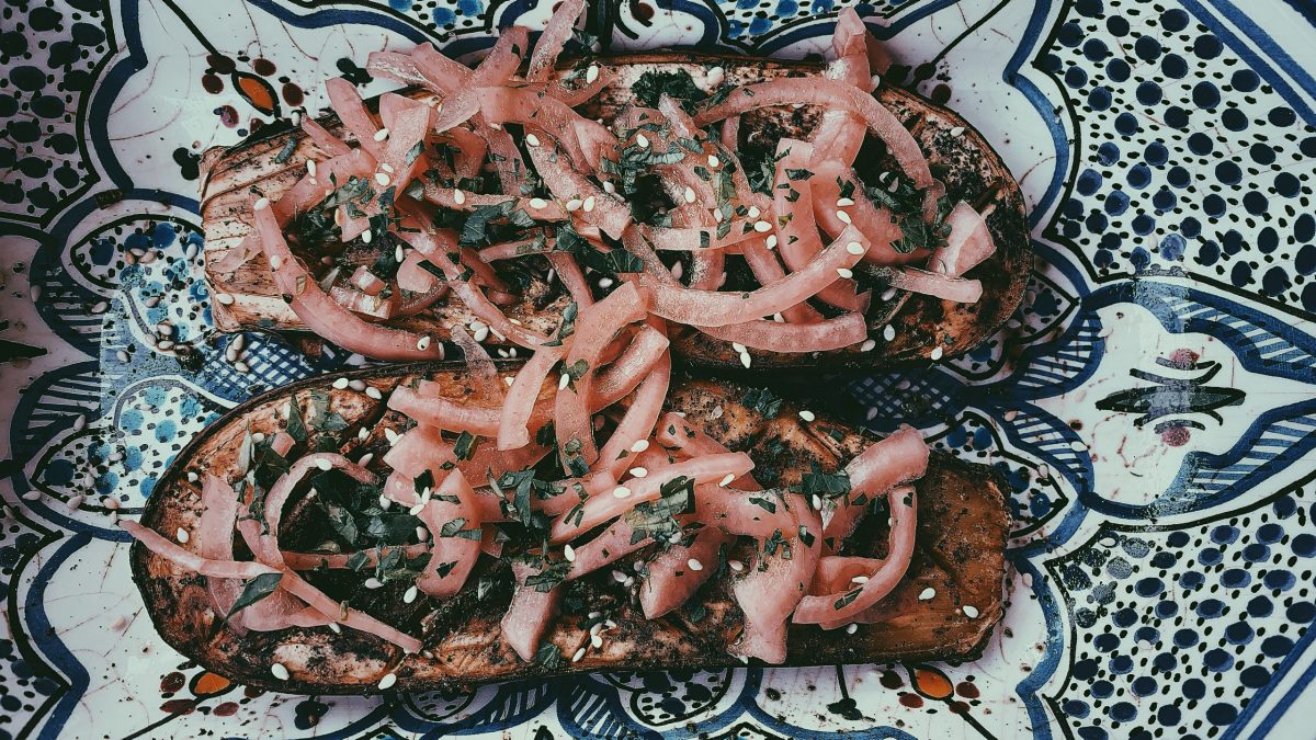 Roast Eggplant with Sumac and Pickled Onions