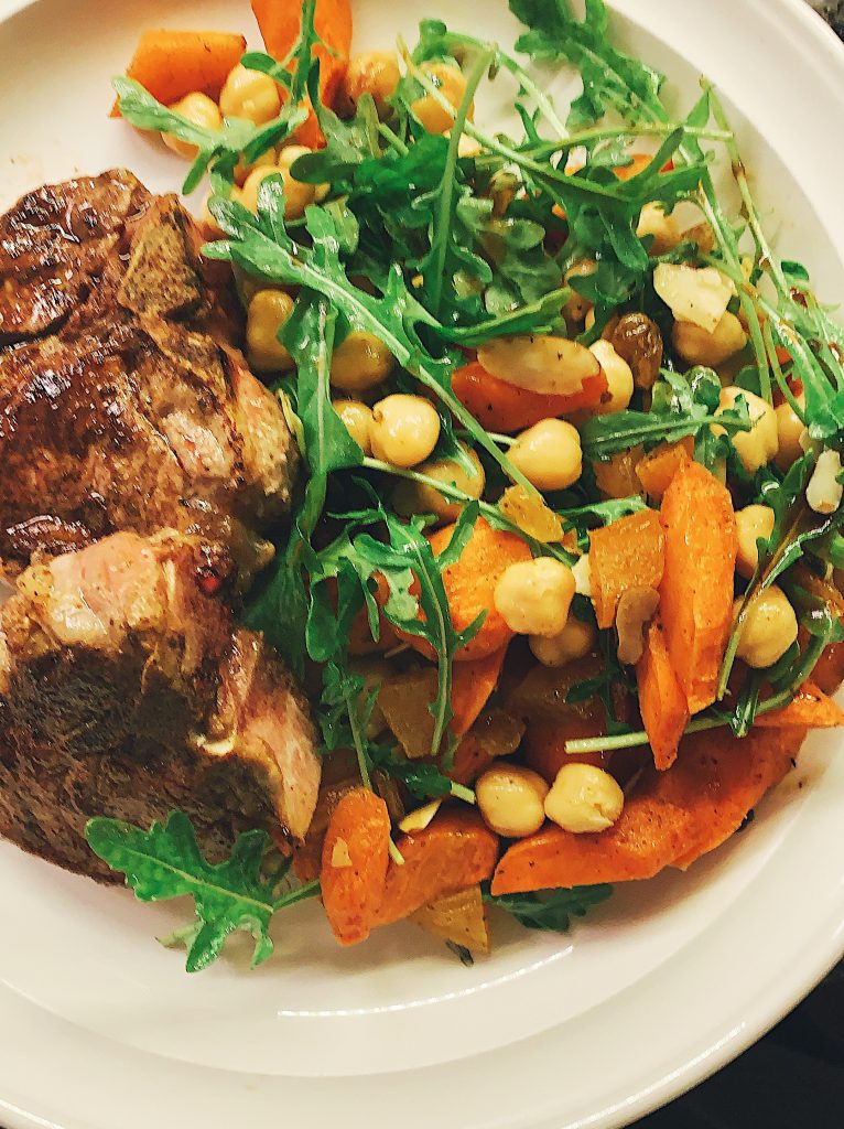Roasted Carrot and Chickpea Salad with Lamb Chops