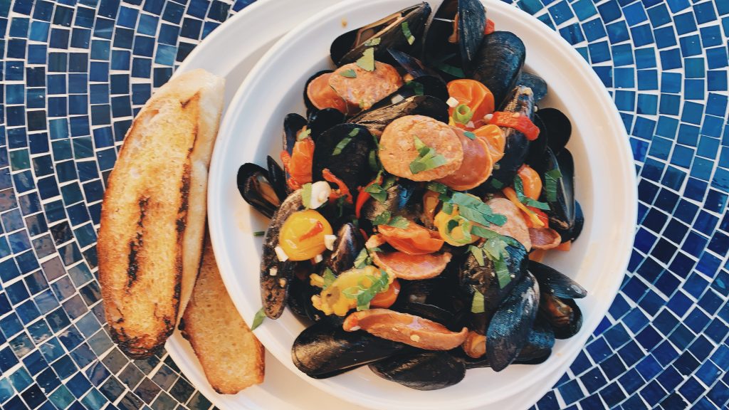 Steamed Mussels & Chorizo and Tomato Broth