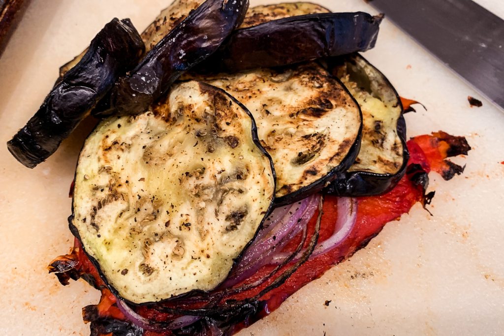 Grilled Eggplant With Peppers and Onions